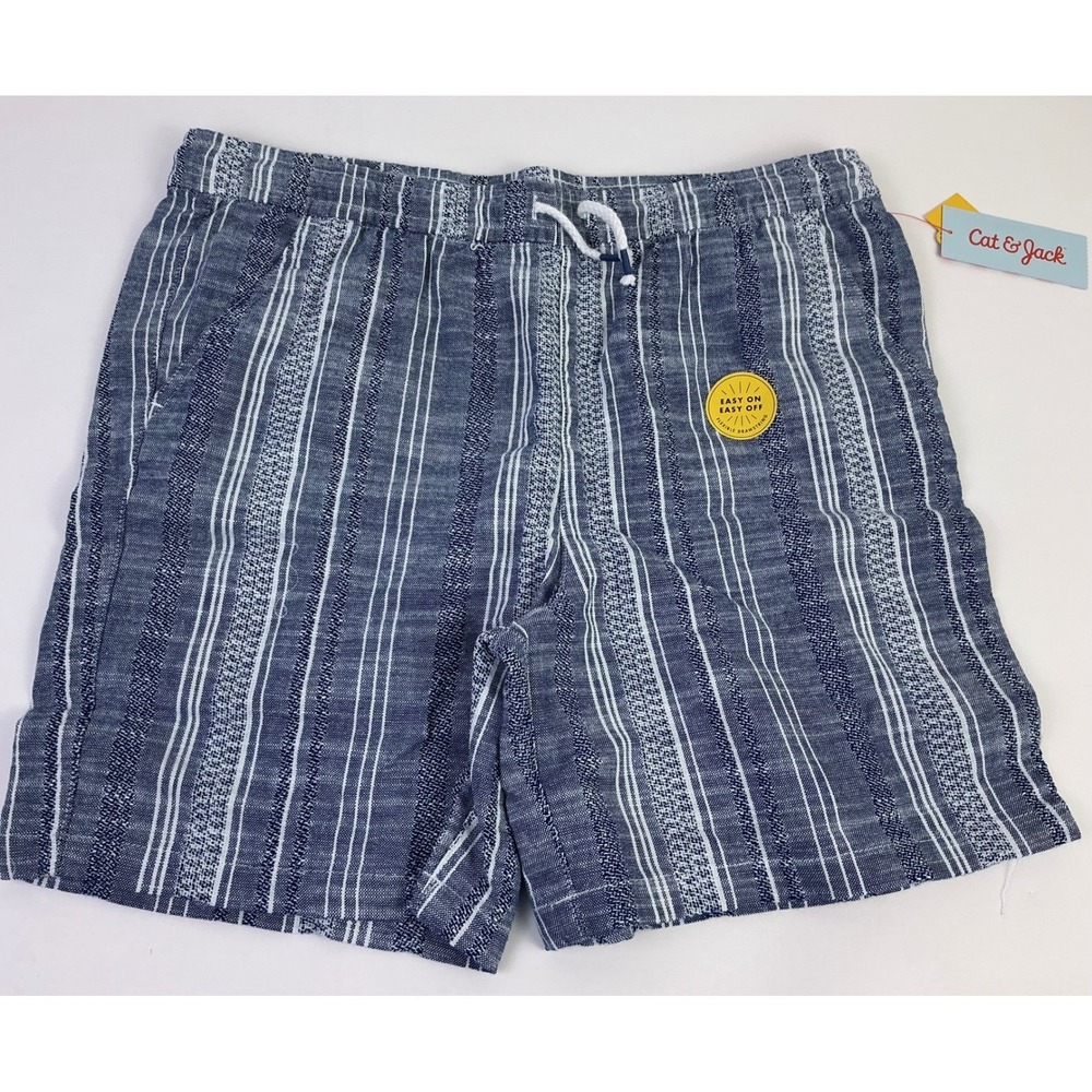 Cat & Jack‎ Blue Stripe Chambray Shorts XL (14) Husky Easy On Off Drawstring